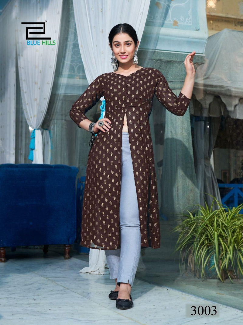 Blue Hills Zia Vol 3 Rayon With Foil Printed Work Stylish Designer Fancy Long Kurti