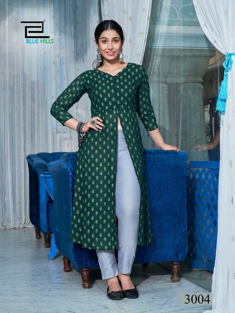 Blue Hills Zia Vol 3 Rayon With Foil Printed Work Stylish Designer Fancy Long Kurti