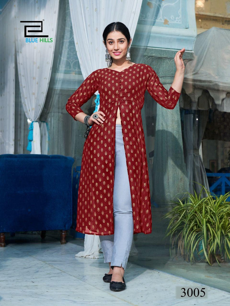 Blue Hills Zia Vol 3 Rayon With Foil Printed Work Stylish Designer Fancy Long Kurti