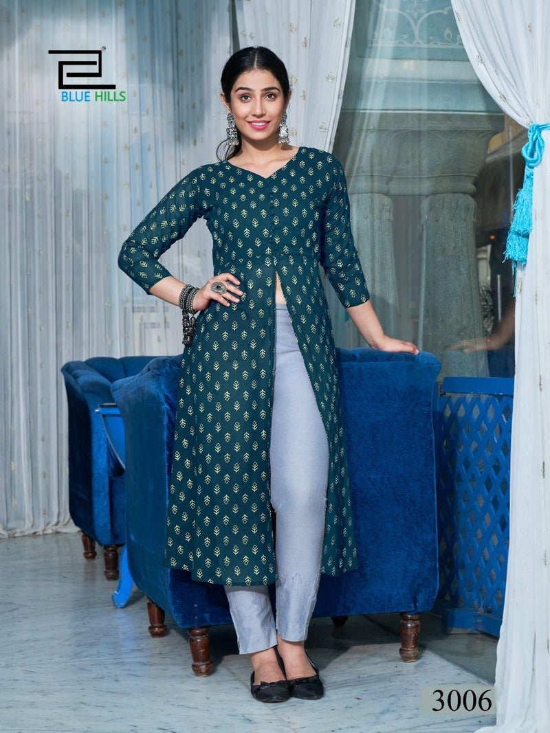 Blue Hills Zia Vol 3 Rayon With Foil Printed Work Stylish Designer Fancy Long Kurti