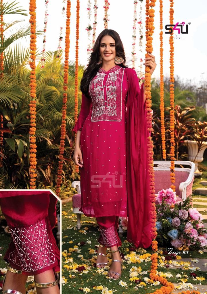 S4U Shivali Zoya Viscose Georgette Designer Wedding Wear Embroidered Kurtis With Bottom & Dupatta