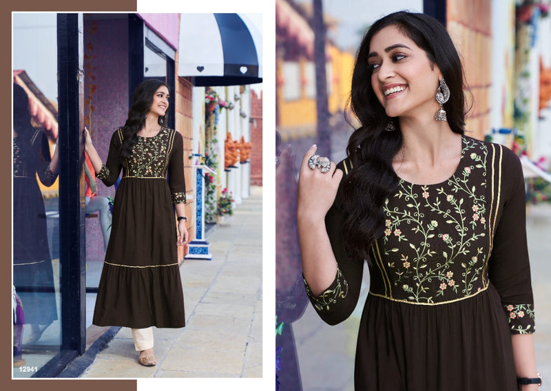 Kalaroop Kajree Fashion Zoya Rayon Embroidered Fashionable Stylish Party Wear Kurtis