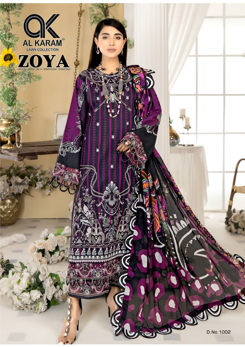 Al Karam Zoya Digital Print With Swarovski Diamond Jam Cotton Digital Printed Designer Salwar Suit