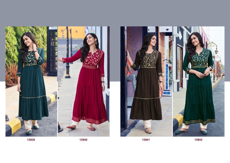 Kalaroop Kajree Fashion Zoya Rayon Embroidered Fashionable Stylish Party Wear Kurtis