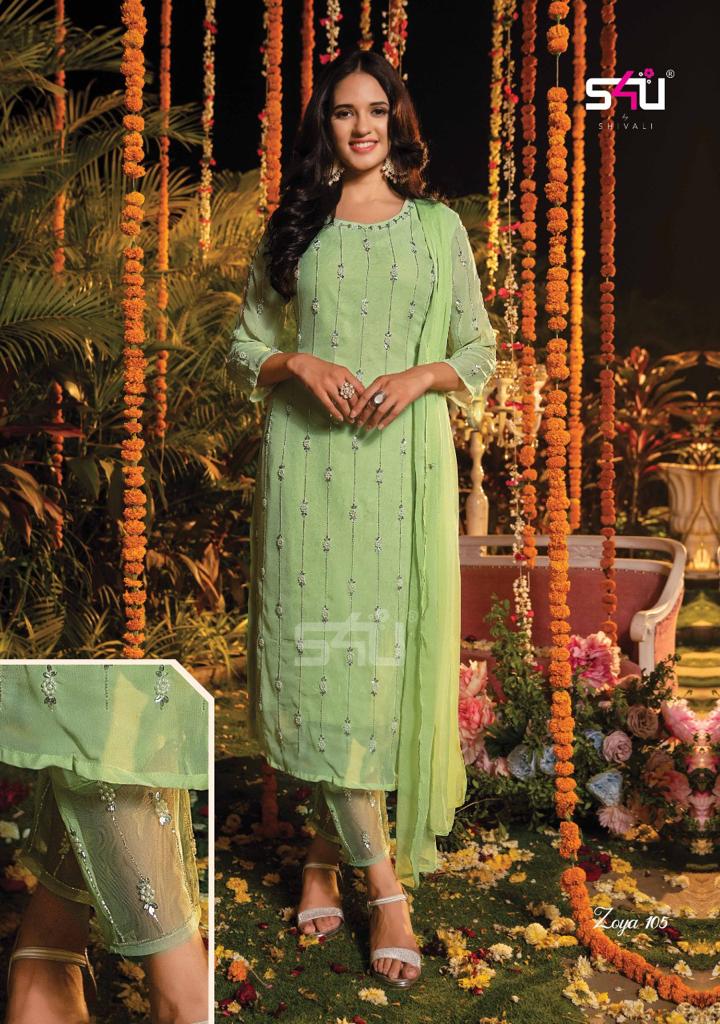 S4U Shivali Zoya Viscose Georgette Designer Wedding Wear Embroidered Kurtis With Bottom & Dupatta
