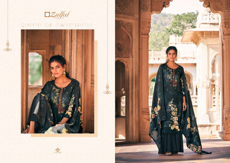 Zulfat Designer Suit Olive Pashmina Print Embroidered Work Salwar Kameez