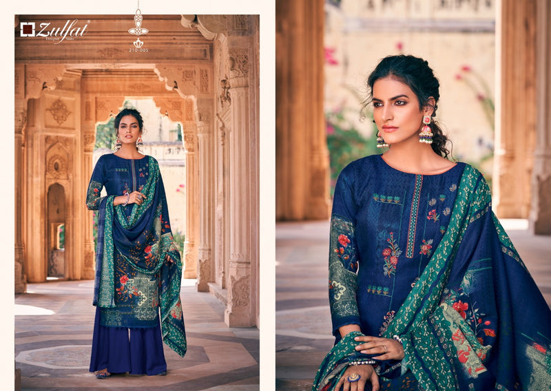 Zulfat Designer Suit Olive Pashmina Print Embroidered Work Salwar Kameez