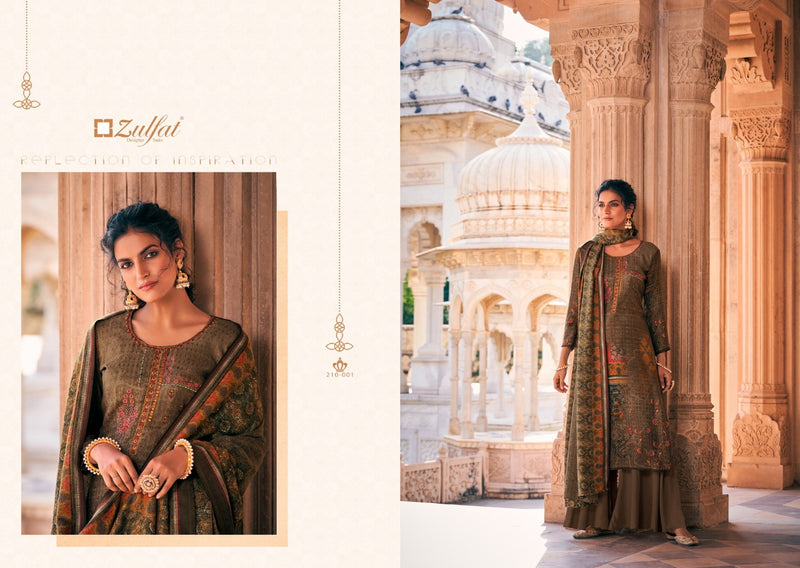 Zulfat Designer Suit Olive Pashmina Print Embroidered Work Salwar Kameez