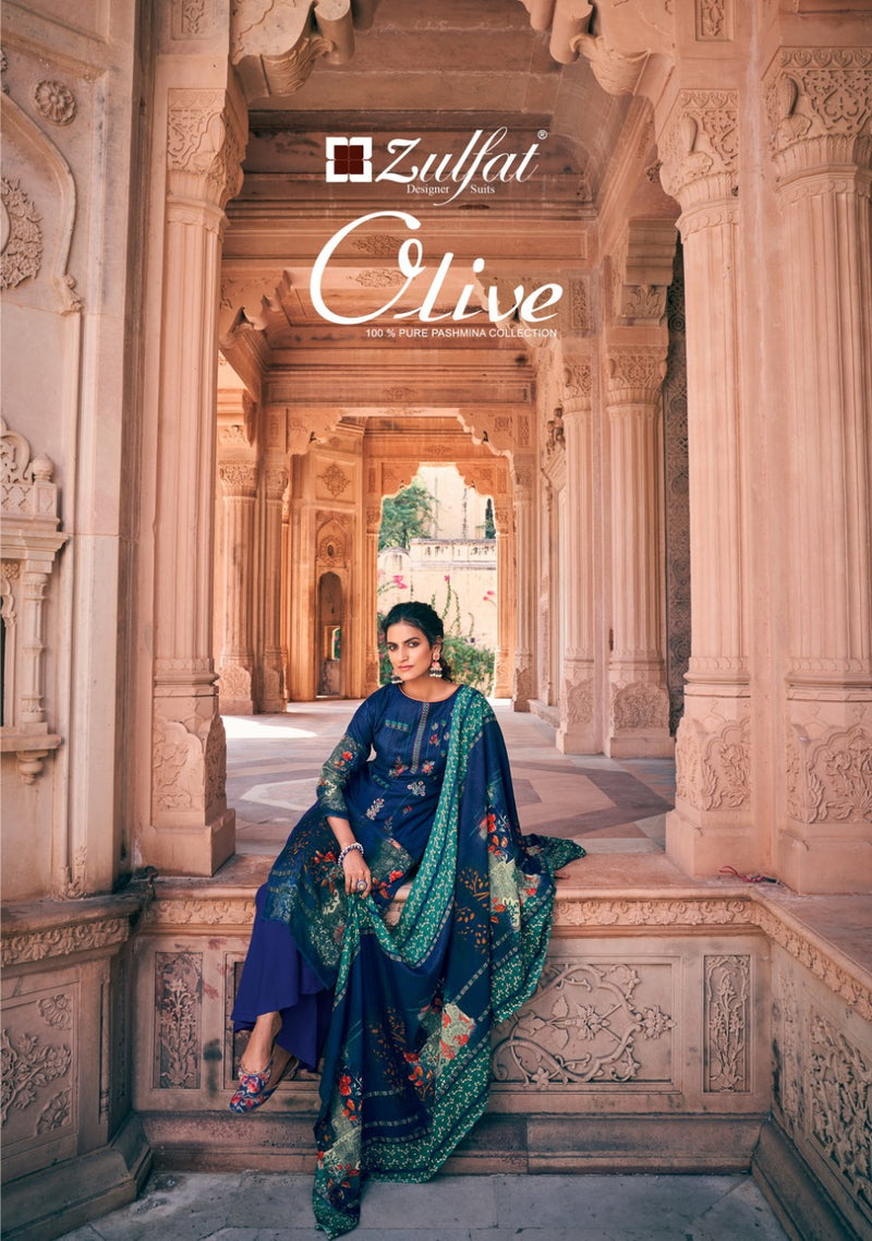 Zulfat Designer Suit Olive Pashmina Print Embroidered Work Salwar Kameez