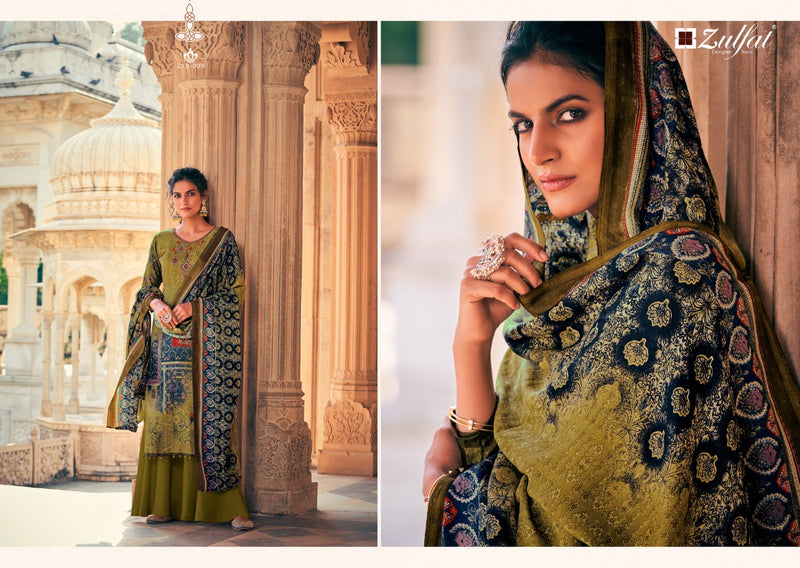 Zulfat Designer Suit Olive Pashmina Print Embroidered Work Salwar Kameez