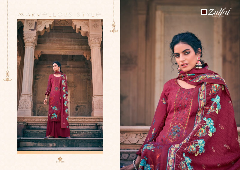Zulfat Designer Suit Olive Pashmina Print Embroidered Work Salwar Kameez