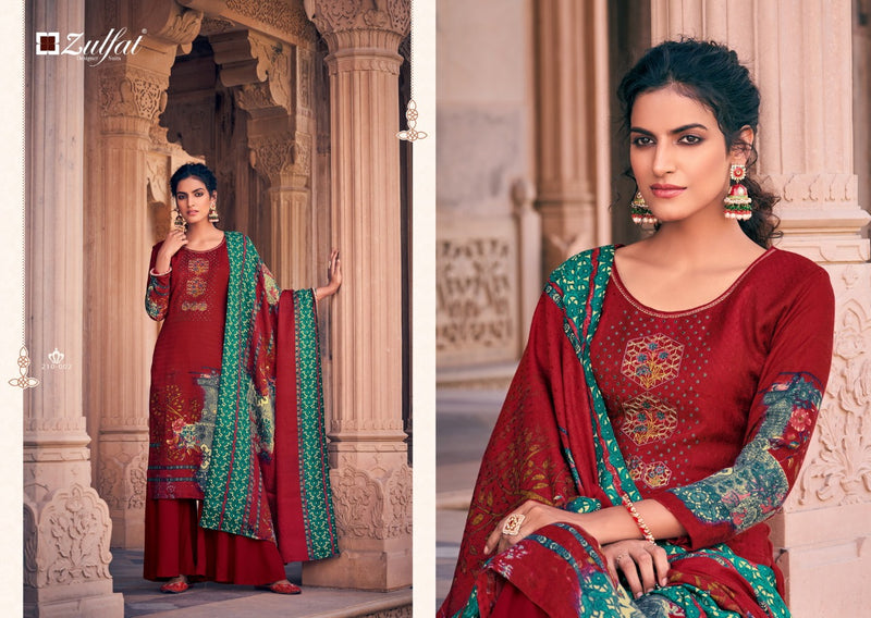 Zulfat Designer Suit Olive Pashmina Print Embroidered Work Salwar Kameez