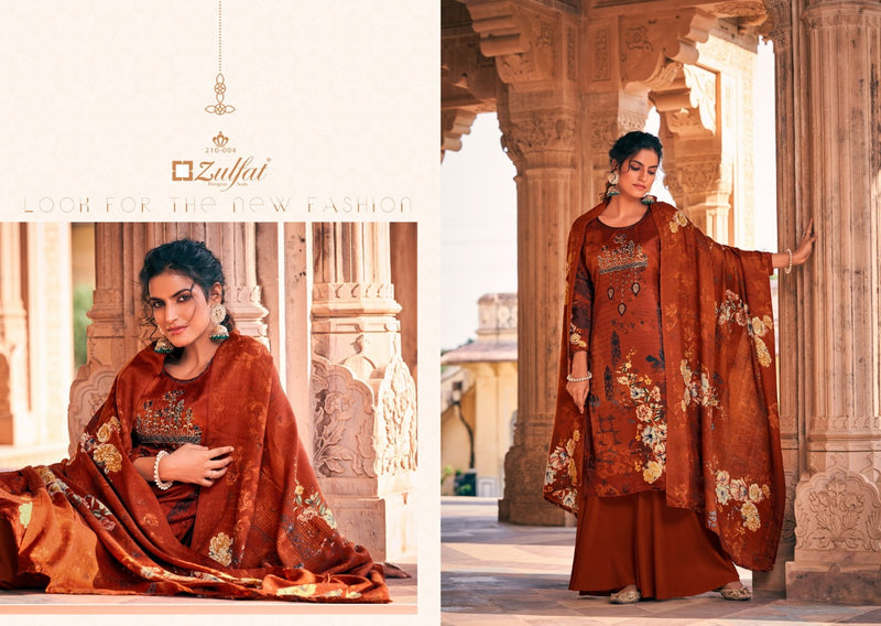 Zulfat Designer Suit Olive Pashmina Print Embroidered Work Salwar Kameez