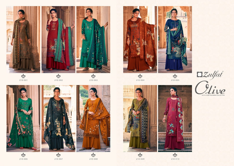 Zulfat Designer Suit Olive Pashmina Print Embroidered Work Salwar Kameez