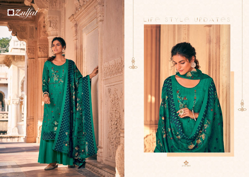 Zulfat Designer Suit Olive Pashmina Print Embroidered Work Salwar Kameez