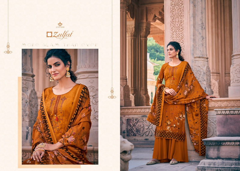 Zulfat Designer Suit Olive Pashmina Print Embroidered Work Salwar Kameez