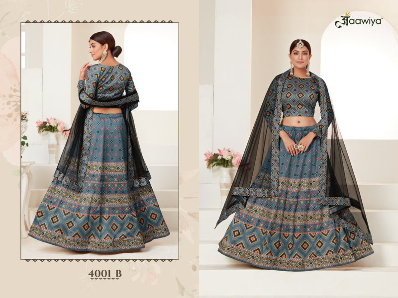 Aawiya Official Rosy 4001 B Ajmeri Silk Stylish Designer Party Wear Digital Printed Lehenga Choli