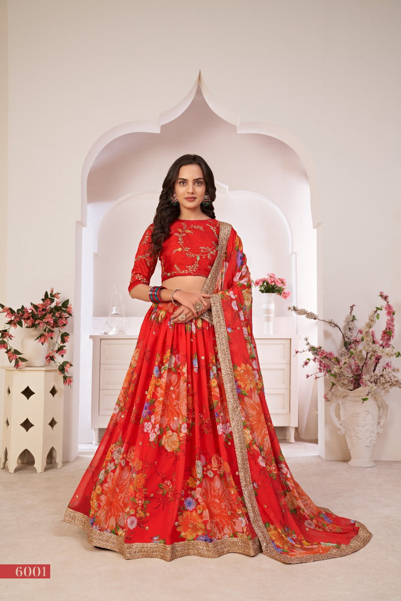 Aawiya Lotus Vol 1 Dno 6001 Georgette Stylish Festival Look Floral Printed Designer Wear Lehenga