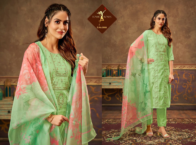Four Roses Viscose Russian Silk With Embroidery Stylish Designer Casual Wear Kurti Collection