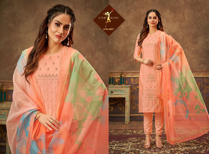 Four Roses Viscose Russian Silk With Embroidery Stylish Designer Casual Wear Kurti Collection