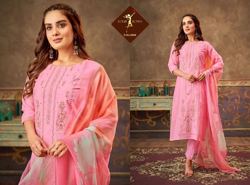 Four Roses Viscose Russian Silk With Embroidery Stylish Designer Casual Wear Kurti Collection