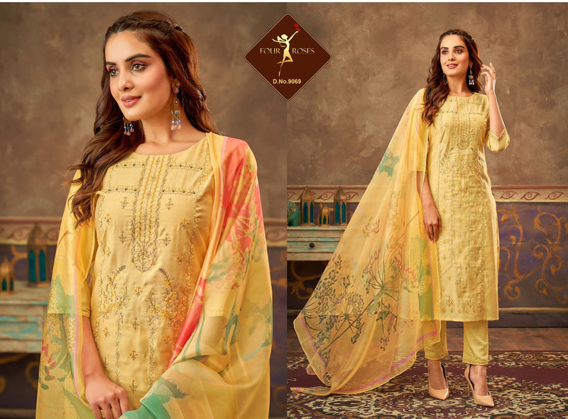 Four Roses Viscose Russian Silk With Embroidery Stylish Designer Casual Wear Kurti Collection