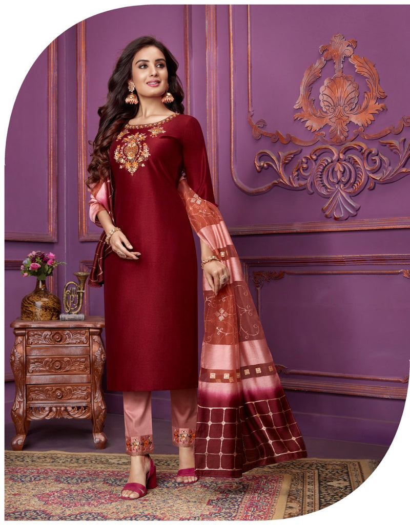 Lily And Lali Bemberg Silk Stylish Designer Magnum Top With Bottom And Dupatta