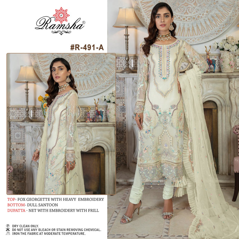 Ramsha R 491 A Georgette Heavy Embroidered Pakistani Style Party Wear Salwar Suits