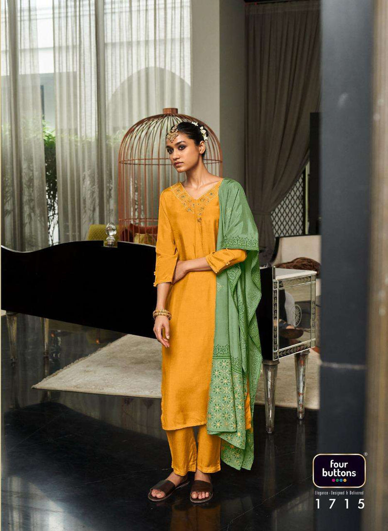 Riwayat By Four Buttons Viscose Silk Designer Party Wear Kurtis With Bottom & Dupatta