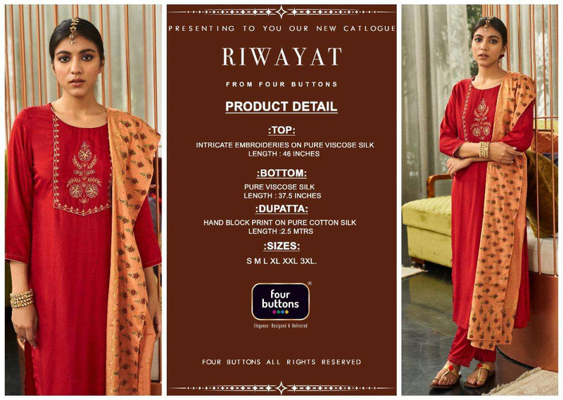 Riwayat By Four Buttons Viscose Silk Designer Party Wear Kurtis With Bottom & Dupatta