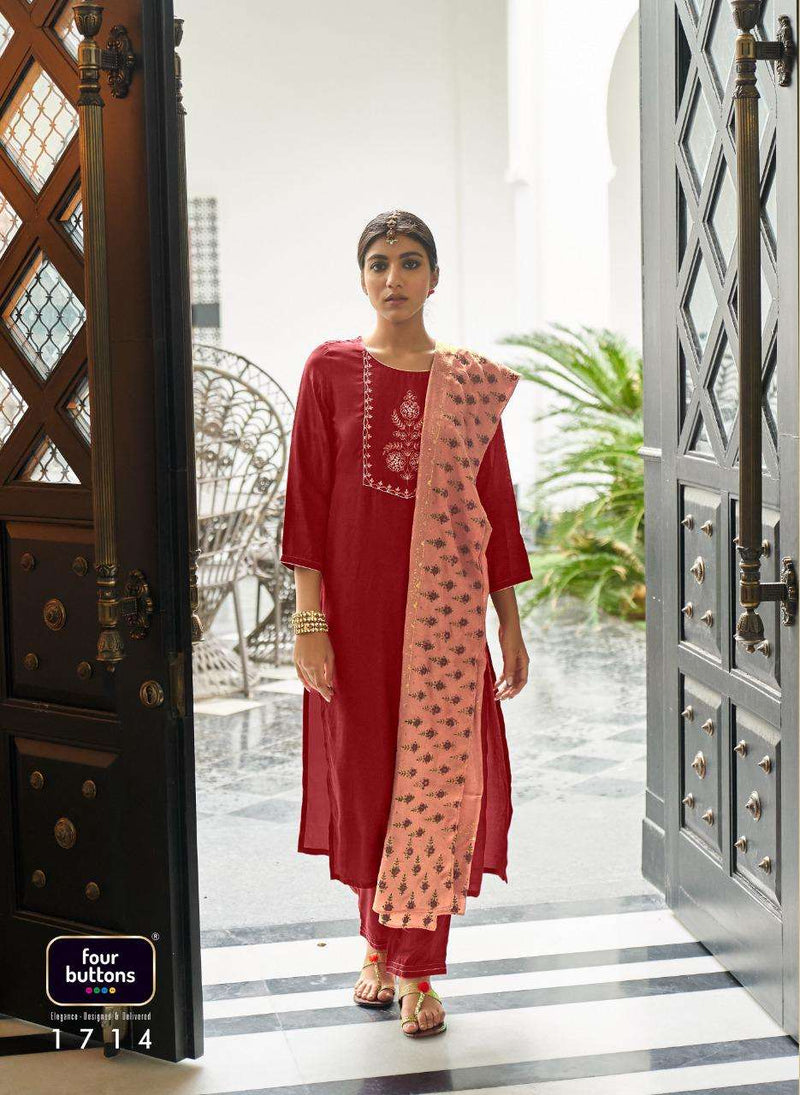 Riwayat By Four Buttons Viscose Silk Designer Party Wear Kurtis With Bottom & Dupatta