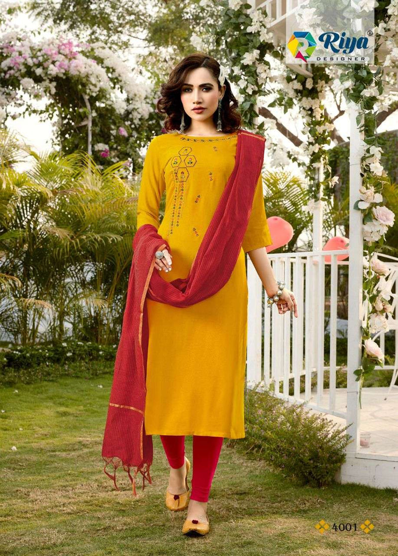 Riya Designer Launch Inayat Vol 4 Reyon With Embrodairy Work  Kurti With Banarasi Duptta