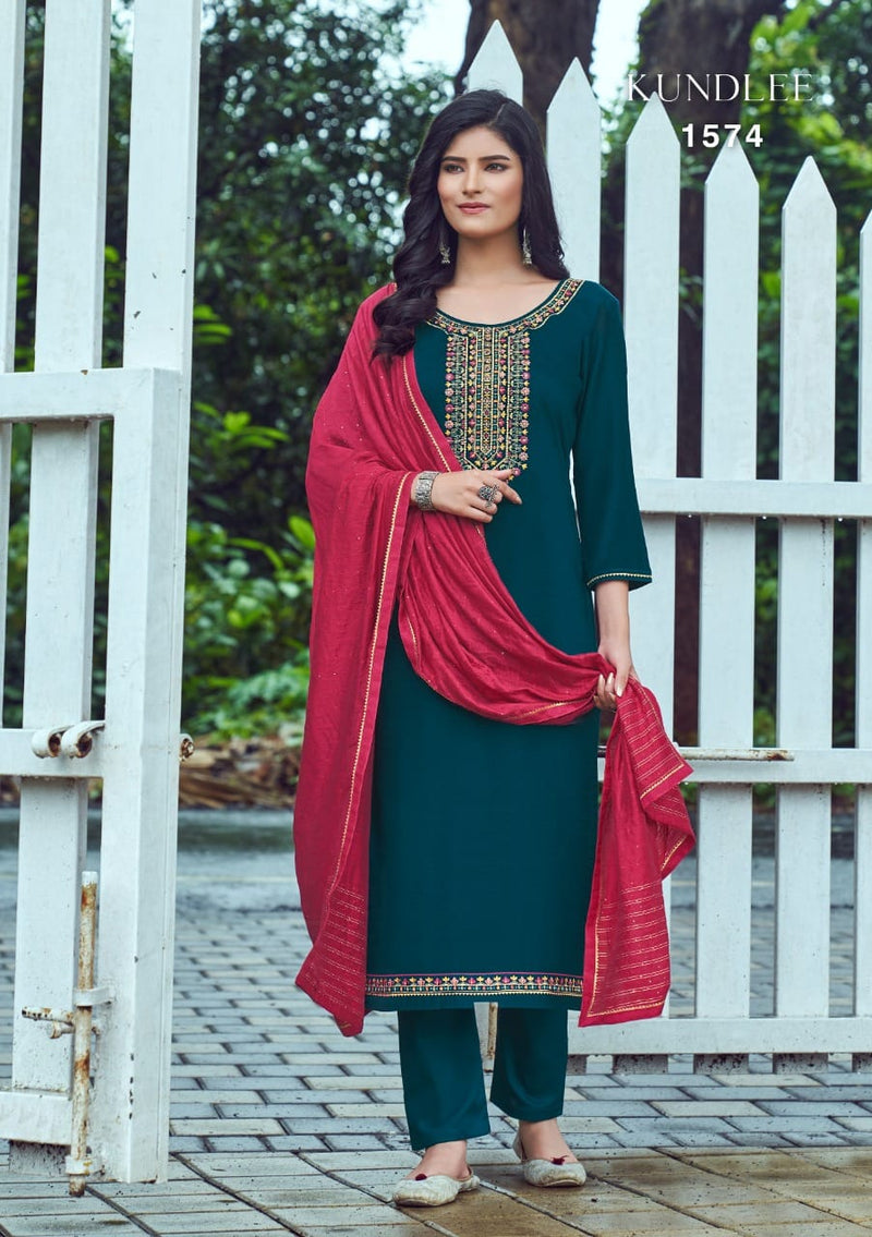 Triple Kundlee Parampara Silk Fancy Work Stylish Designer Casual Look Salwar suit