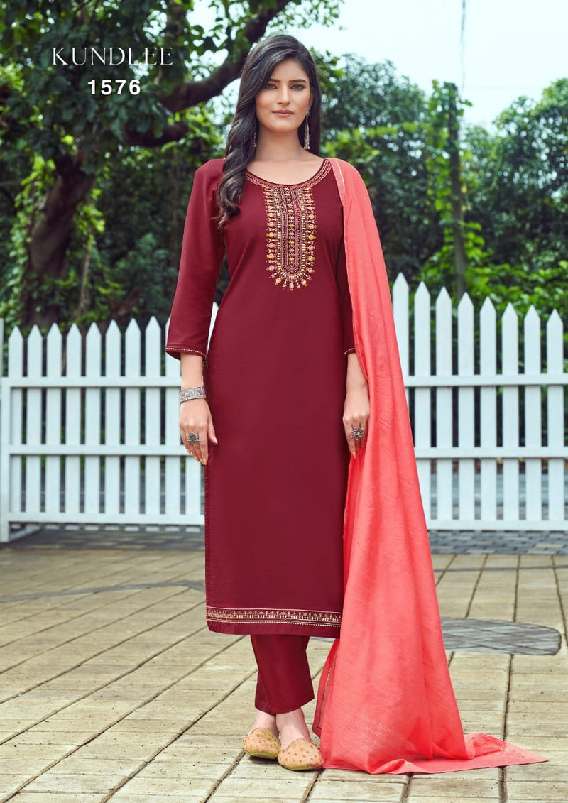 Triple Kundlee Parampara Silk Fancy Work Stylish Designer Casual Look Salwar suit