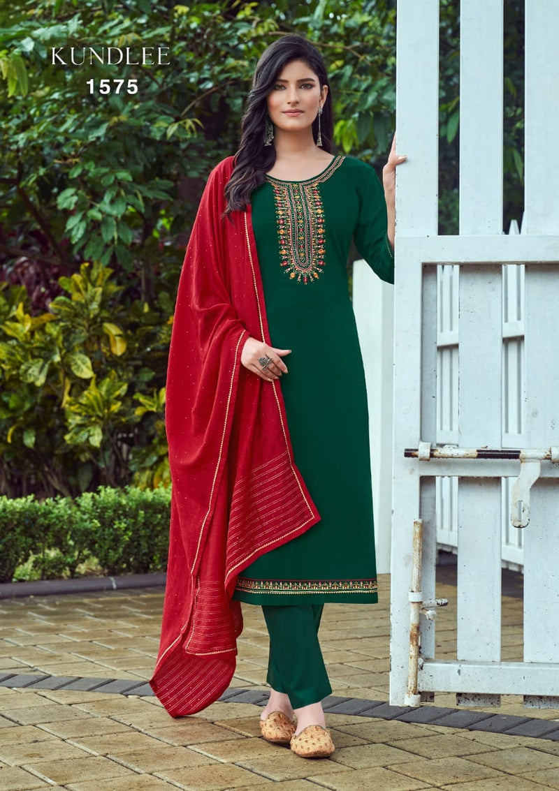 Triple Kundlee Parampara Silk Fancy Work Stylish Designer Casual Look Salwar suit