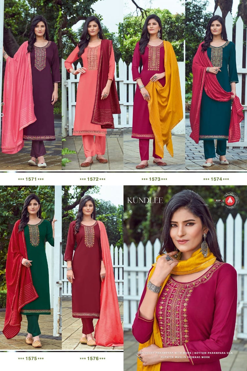 Triple Kundlee Parampara Silk Fancy Work Stylish Designer Casual Look Salwar suit